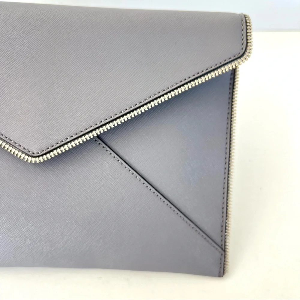 REBECCA MINKOFF Leo Gray Safiano Structure Leather Zipper Accent Envelope Clutch